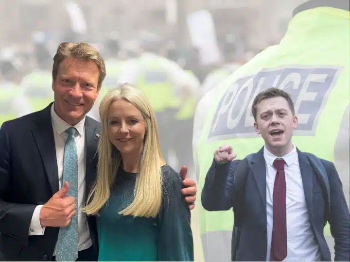 Richard Tice and Isabel Oakeshott of Reform UK and Owen Jones and also police officers