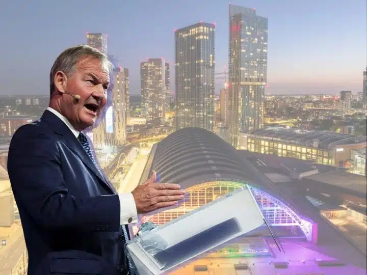Rupert Lowe of Restore Britain and a scene of Manchester city centrescape with vibrant infrastructure in the background