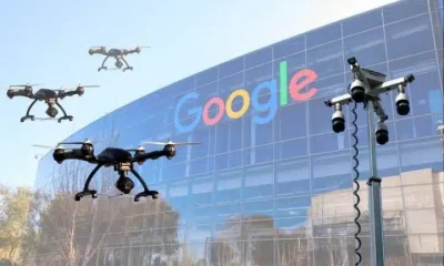Google headquarters, drones, and a cctv surveillance tower