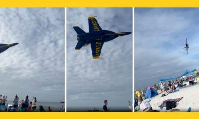 Images of a Blue Angels jet passing over a beach full of people