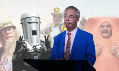 Nigel Farage, Count Bindace, Howling Laud Hope, Baron Von Thunderclap and Mr Fishfinger who are all standing as candidates in the Clacton by-election