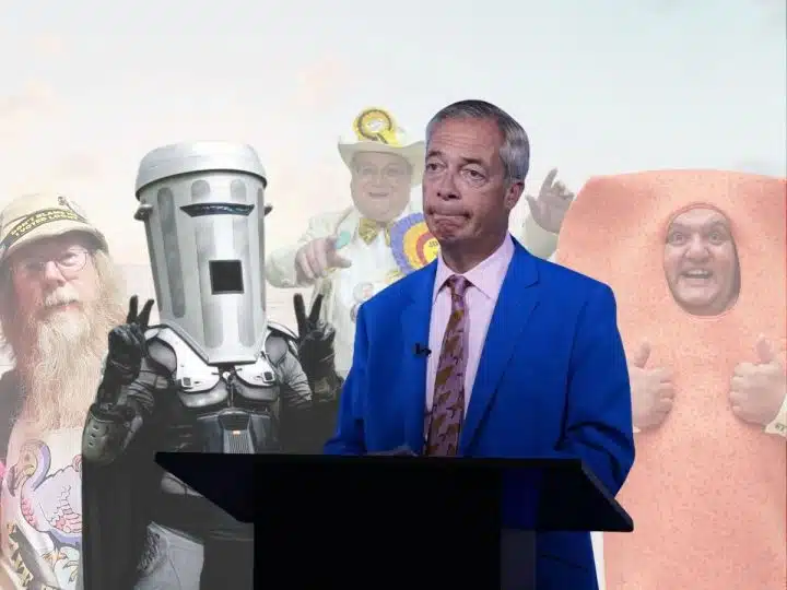 Nigel Farage, Count Bindace, Howling Laud Hope, Baron Von Thunderclap and Mr Fishfinger who are all standing as candidates in the Clacton by-election