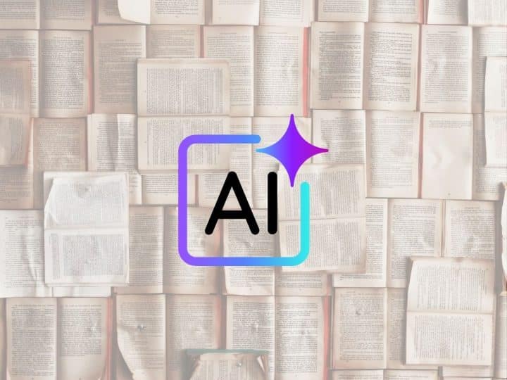 The word AI and a pile of old books