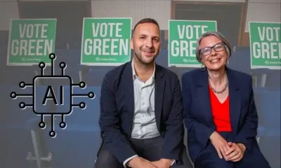 Zack Polanski and Geraldine Coggins of the Green Party and an AI logo