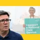 Andy Burnham mouth agape in the foreground, and a union worker holding a National Care Service sign in the background