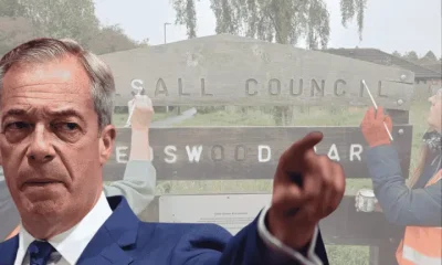 A graphic composed of two women painting the wooden Reedswood Park sign with Nigel Farage, Reform leader, in the foreground in a suit and pointing aggressively