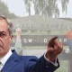 A graphic composed of two women painting the wooden Reedswood Park sign with Nigel Farage, Reform leader, in the foreground in a suit and pointing aggressively