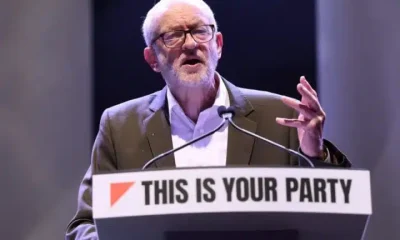 Jeremy Corbyn at podium saying This Is Your Party (CEC vote)