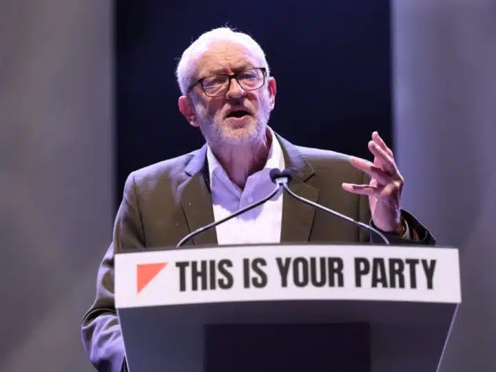 Jeremy Corbyn at podium saying This Is Your Party (CEC vote)
