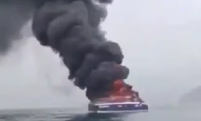 Excerpt of video showing an alleged Iran ship on fire after Ukrainian attack in Caspian Sea