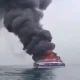 Excerpt of video showing an alleged Iran ship on fire after Ukrainian attack in Caspian Sea