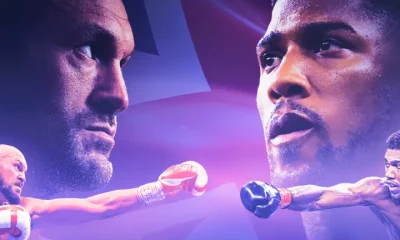 A designed graphic featuring head shots of a serious-looking Tyson Fury (left) and Anthony Joshua (right) above them in fighting stances with a Union Jack flag in the background