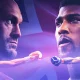 A designed graphic featuring head shots of a serious-looking Tyson Fury (left) and Anthony Joshua (right) above them in fighting stances with a Union Jack flag in the background