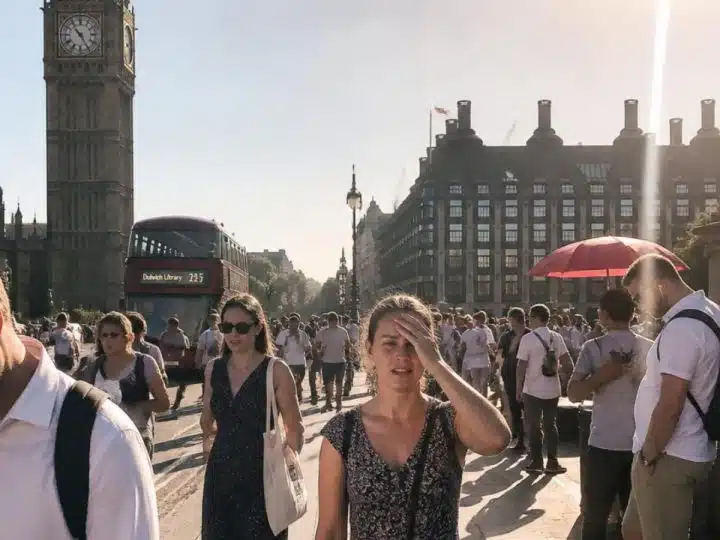 Pedestrians on Westminster Bridge in heatwave
