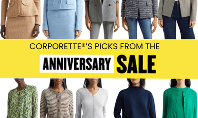 graphic reads CORPORETTE PICKS FROM THE ANNIVERSARY SALE and has collage of blazers and sweaters