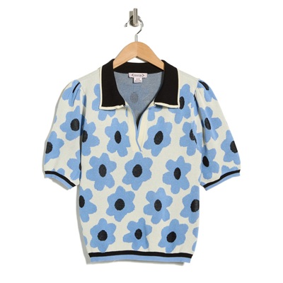 A black, white, and blue short-sleeved polo sweater