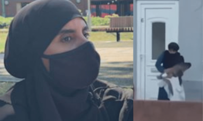 Nora Mubarak (left) a Muslim woman from Wigan, and a screen shot (right) of her holding the gull and a white sheet in her grasp