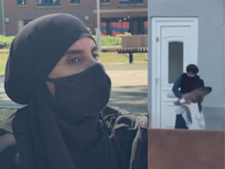 Nora Mubarak (left) a Muslim woman from Wigan, and a screen shot (right) of her holding the gull and a white sheet in her grasp