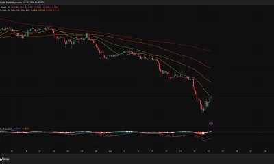 Pi Network 4-hour chart showing a 20% rebound from the $0.07 support area, with price testing the 20-period SMA as a bullish MACD crossover signals improving short-term momentum.