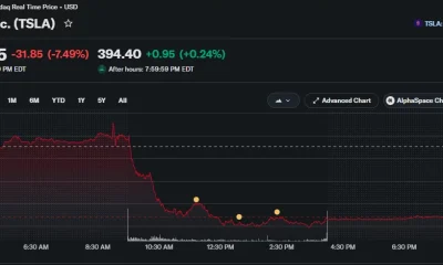 Tesla (TSLA) one-day price chart showing a 7.49% decline, with shares closing at $393.45 after a sharp intraday sell-off.
