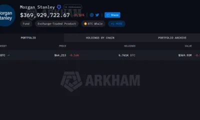 Morgan Stanley's Arkham portfolio showing 5,761 BTC worth about $369.9 million.