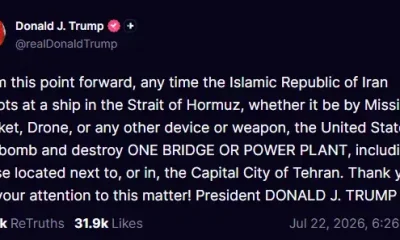 Donald Trump threatens to strike an Iranian bridge or power plant for every attack on a ship in Hormuz.