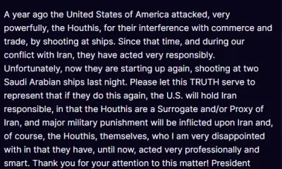 Donald Trump threatens Iran with military punishment after Houthi attacks on two Saudi ships.