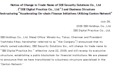 BI Holdings notice announcing SBI Digital Practice and its Canton Network-focused restructuring.