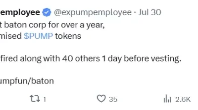 X post alleging Pump.fun fired 40 employees one day before PUMP token vesting.