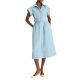A woman wearing a light blue shirtdress with yellow kitten heels