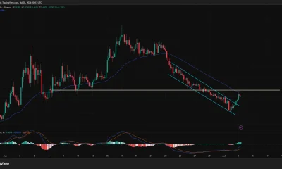 Worldcoin 4-hour chart showing a breakout above a descending channel, with bulls testing the 50-day EMA near $0.44.