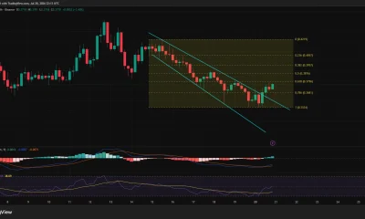 Four-hour WLD price chart showing a descending channel breakout near $0.377.