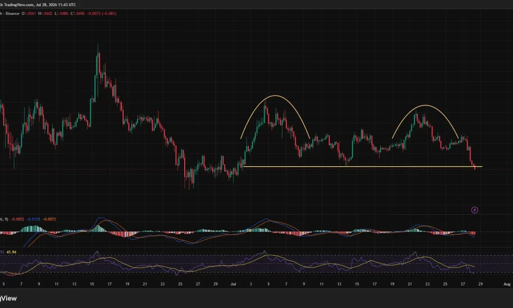 XRP 4-hour chart shows a double-top breakdown below $1.054, with RSI falling to 25.93.