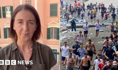 Composite image showing BBC's Sarah Rainsford on the left hand side and hundreds of migrants on Ceuta beach on the right