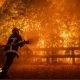 Photo shows a firefighter battling flames from a wildfire spreading in Ares, south-western France, 25 July 2026.