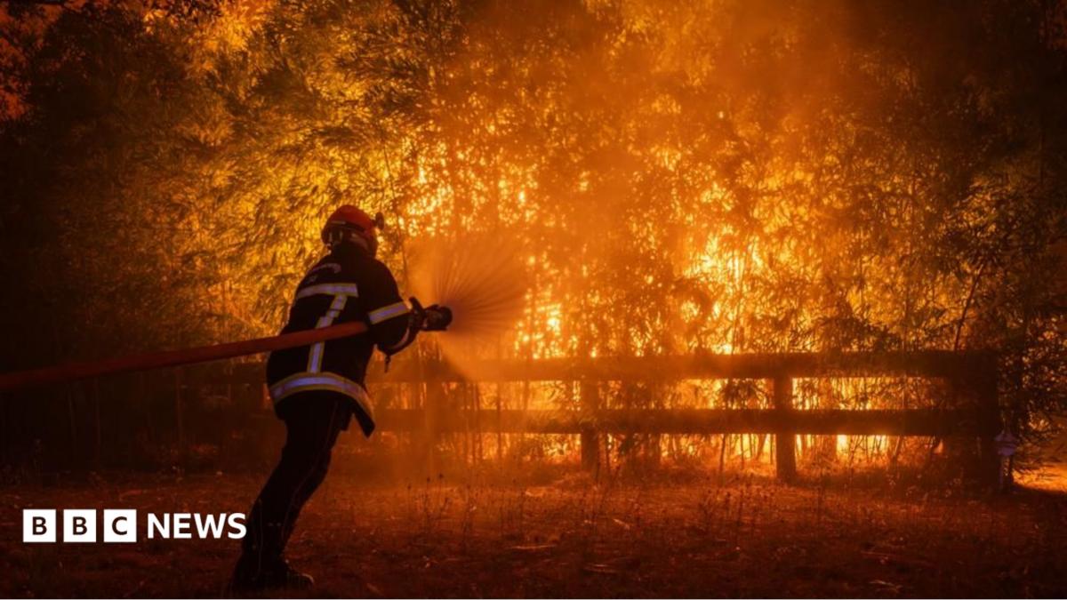 Photo shows a firefighter battling flames from a wildfire spreading in Ares, south-western France, 25 July 2026.