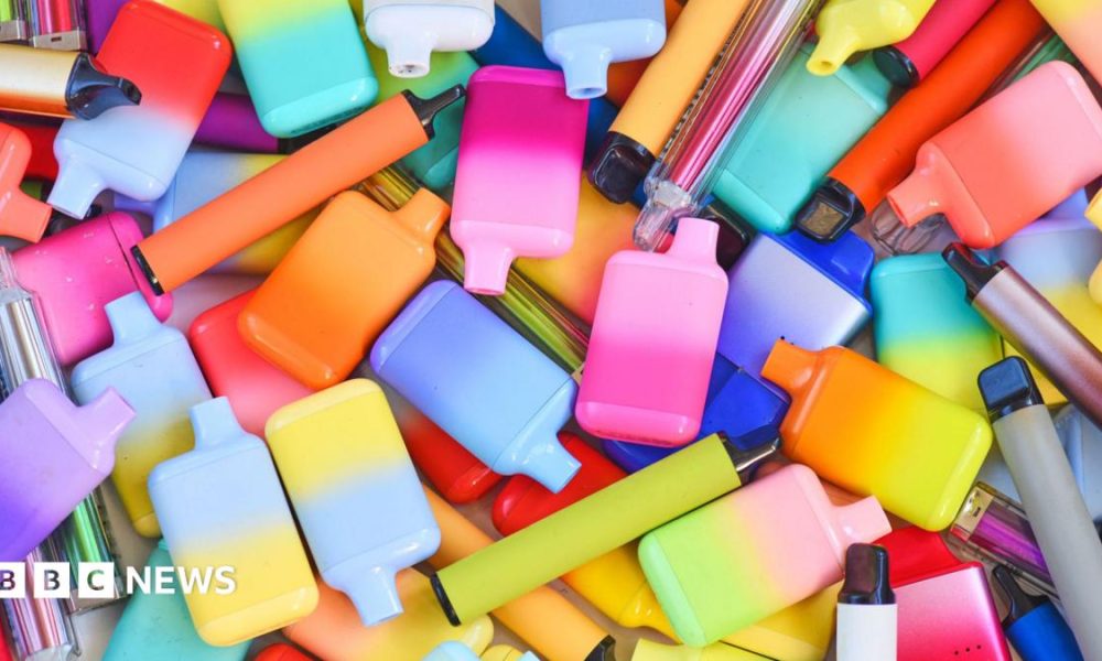 A photo of many bright, multicoloured vapes in different shapes and sizes.