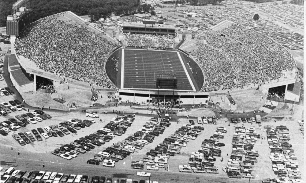 An aerial view of Schaefer Stadium in Foxborough, Massachusetts in 1971, the year it opened.