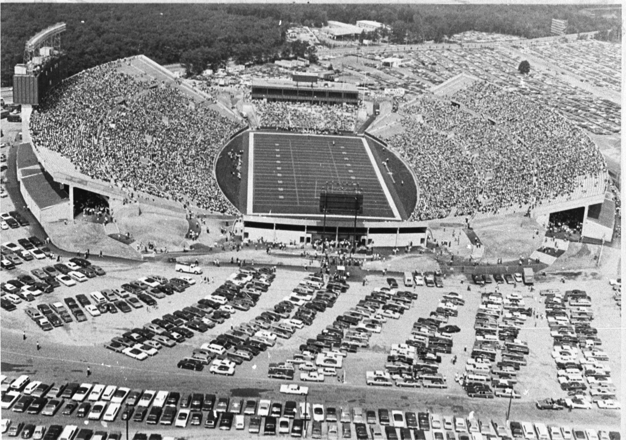 An aerial view of Schaefer Stadium in Foxborough, Massachusetts in 1971, the year it opened.