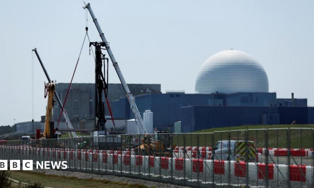 The large white dome of the Sizewell B nuclear power plant is the backdrop of the picture which has construction work and cranes in the foreground. The white dome sits on large square grey coloured buildings.