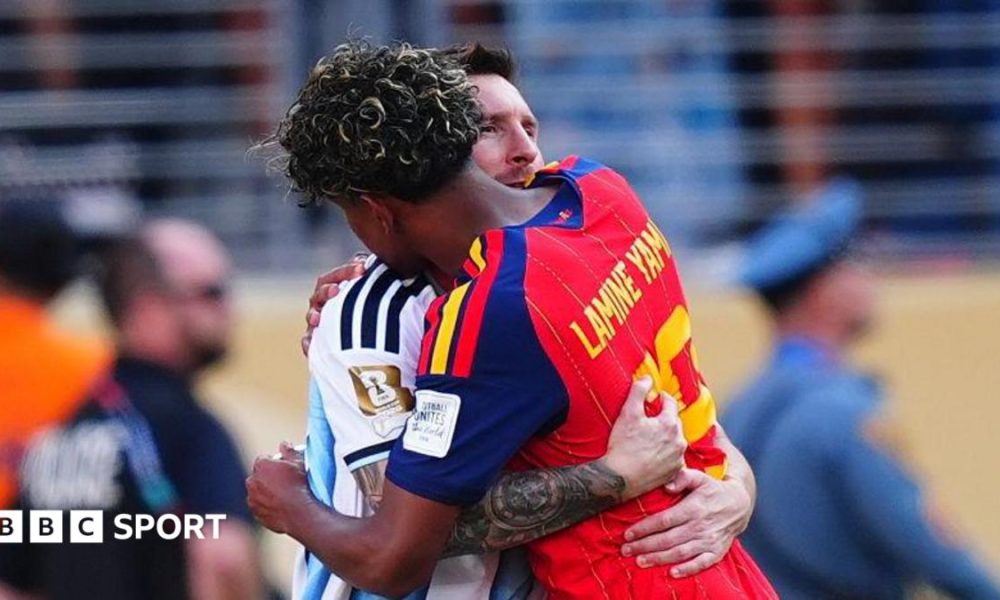 Spain teenager Lamine Yamal embraces Argentina's 39-year-old great at the end of the World Cup Final.