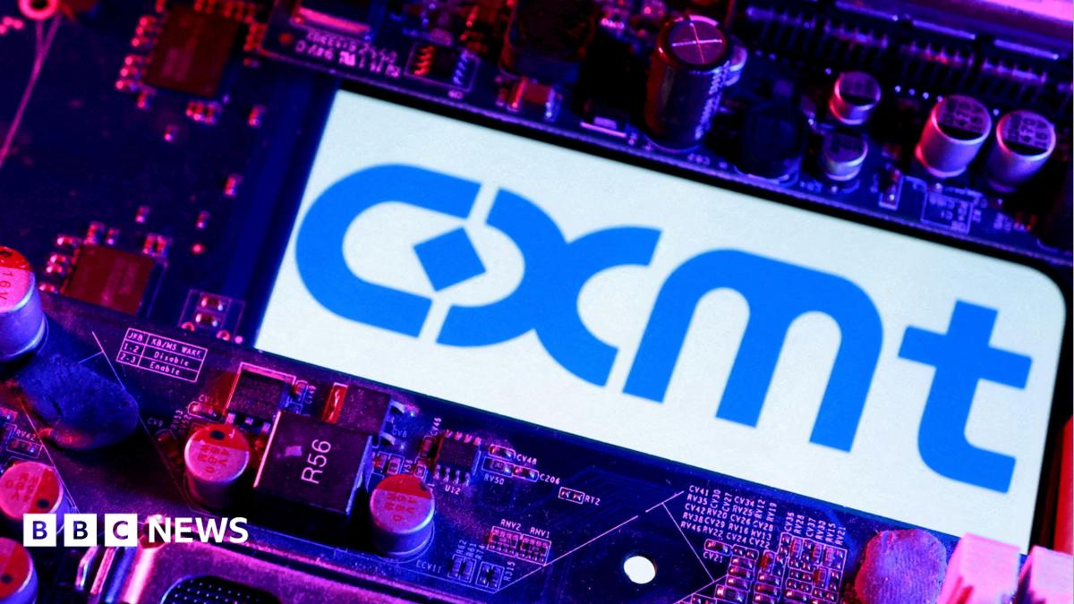 CXMT logo and computer motherboard are seen in this illustration.