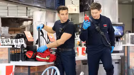 Buck and Eddie on duty at a chicken restaurant together in 9-1-1 Season 9, Episode 9
