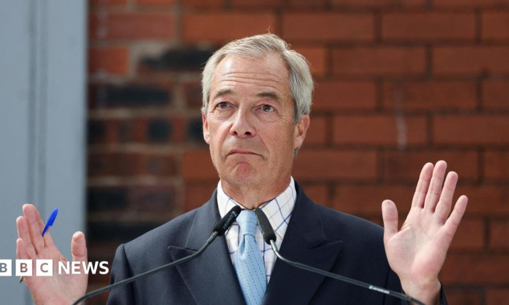Reform UK leader Nigel Farage during an appearance on LBC's Nick Ferrari at Breakfast show, at the Global Studios in London on 24 September, 2025. He wears a dark jacket, blue tie with light blue dots and a white shirt with light blue checks.