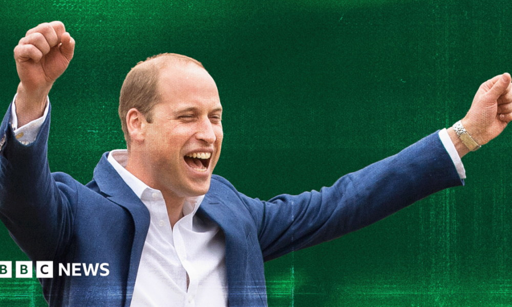 A designed image of Prince William cheering with his arms up over a green background.
