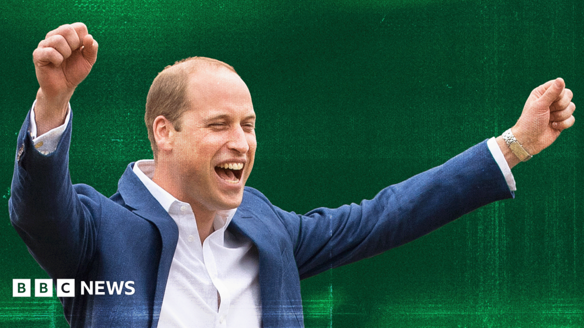 A designed image of Prince William cheering with his arms up over a green background.