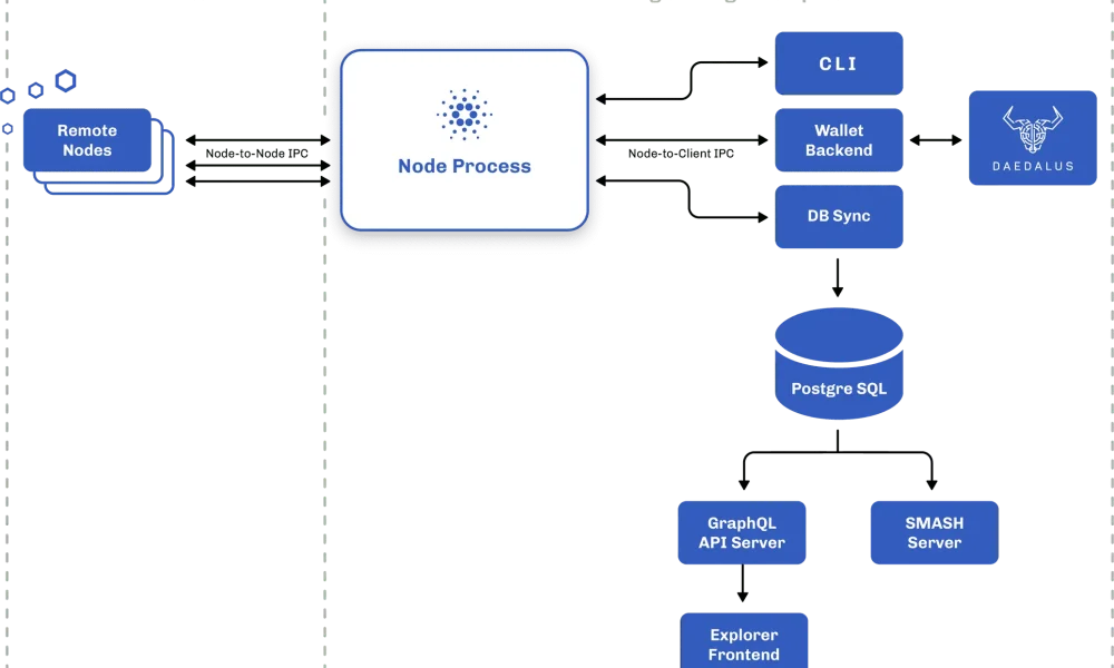 Diagram of Cardano wallet architecture including nodes and processes.