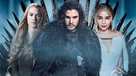 Blended image showing Cersei Lannister, Jon Snow, and Daenerys Targaryen against the Iron Throne.