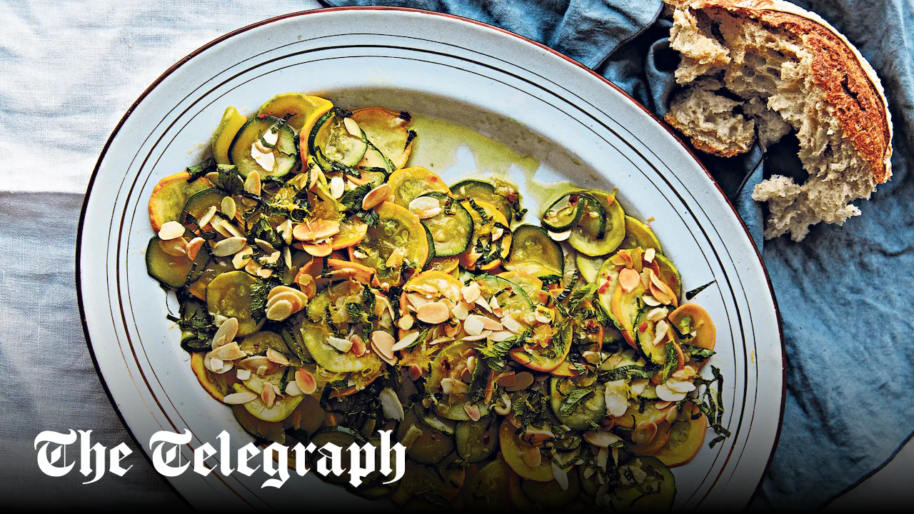 Slow-cooked courgettes with mint, chilli and almonds