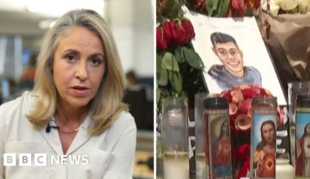On the left, a TV presenter wearing a white shirt; on the right, a memorial.